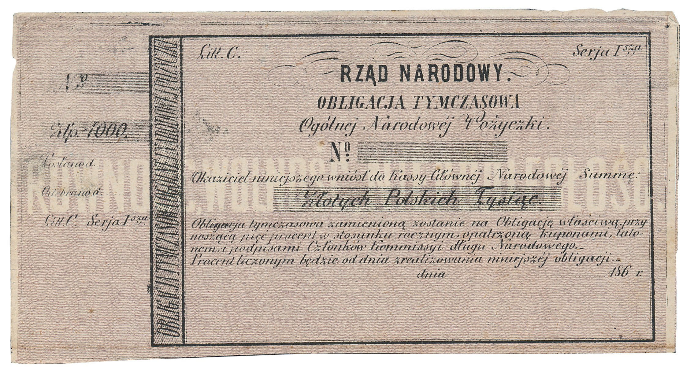 Powstanie Styczniowe. 1863 obligacja 1.000 złotych, lit. C